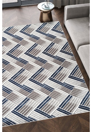 Modern Desenli Kaymaz Taban Elit Şık Dört Mevsim Yıkanabilir Halı Yolluk Mavi