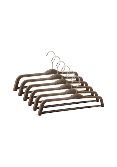 Nyn Ahşap Barlı Pantolon Askısı Ceviz Renk 6 Adet Siyah