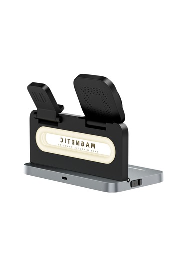 Ht-539 Masaüstü Gece Lambası 15w Manyetik Katlanabilir Telefon Saati Kulaklık Kablosuz Şarj Cihazı Siyah