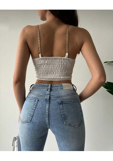 Kadın Gloplu Zincir Askılı Arkası Gipeli Crop Bluz Beyaz