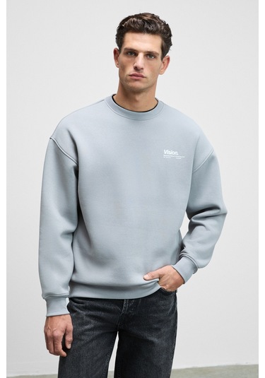 Ernest Erkek Organik Pamuklu Yumuşacık Baskı Detaylı Bisiklet Yaka İçi Polarlı Açık Gri Sweatshirt