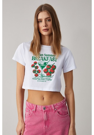 GRIMELANGE Belveth Kadın Bisiklet Yaka Oversize Beyaz T-shirt Beyaz