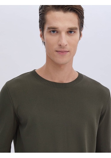 Haki Bisiklet Yaka Düz Örgü Triko Haki