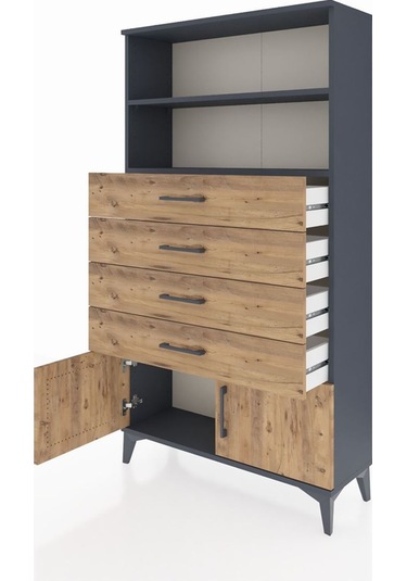 Arges Dolap 2 Raflı 4 Çekmeceli 2 Kapaklı 88x30x163 Antrasit-çam Antrasit