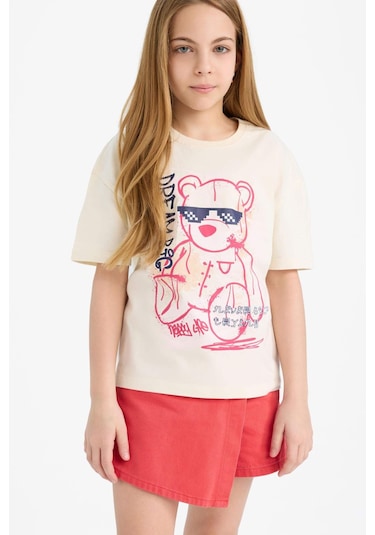 DeFacto Kız Çocuk Relax Fit Baskılı Bisiklet Yaka Kısa Kollu Tişört E0389A825SMER134 Ekru