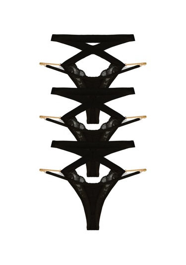 Dantelli Zincir Detaylı Kadın Tanga Külot 3'lü Paket Renkli-2 Çok Renkli