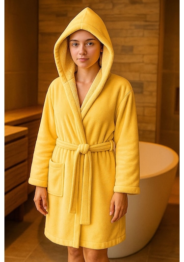 Genç Kız / Erkek Çocuk Kapşonlu Garson Boy Kadife Bornoz %100 Pamuklu Sarı