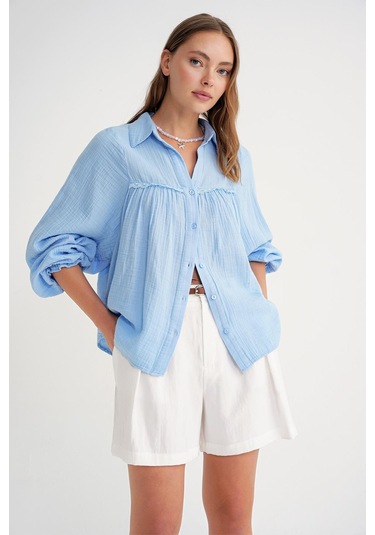 4677 Kadın Dantel Detaylı Müslin Gömlek Bebe Mavi Bebe Mavi