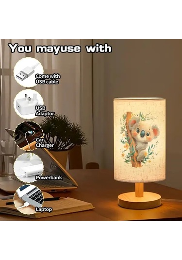 Willowhaven Cute Koala Baskılı 24x10 Ahşap Renk Masa Lambası Yatak Odası Ve Ofis İçin Usb Led Aydınlatma Füme