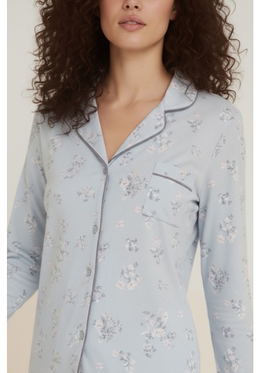 Luxury Viscose Mavi Çiçek Desenli Kadın Uzun Kollu Pijama Takımı 42550 Turkuaz
