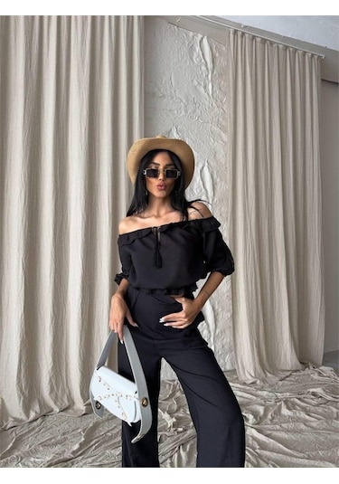 Gülsüm Aydın Keten Madonna Yaka Kol Hasır Şerit - Pantolon Takım - Siyah Siyah