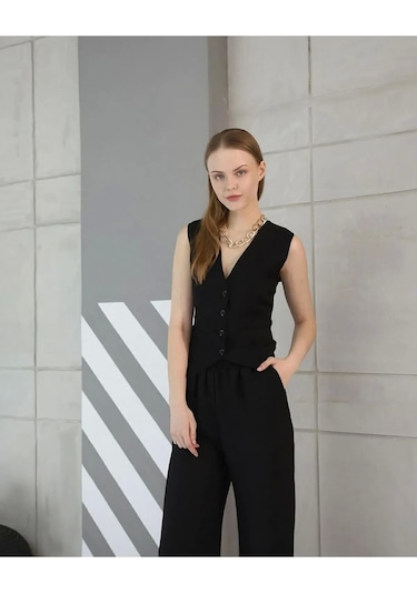 Genculus Rahat Form Yelekli Pantolon Takım Modern Fit Keten Takım Siyah