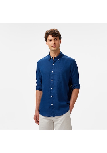 Nautica Erkek Mavi Classic Fit Keten Gömlek Düz W55101t Mavi