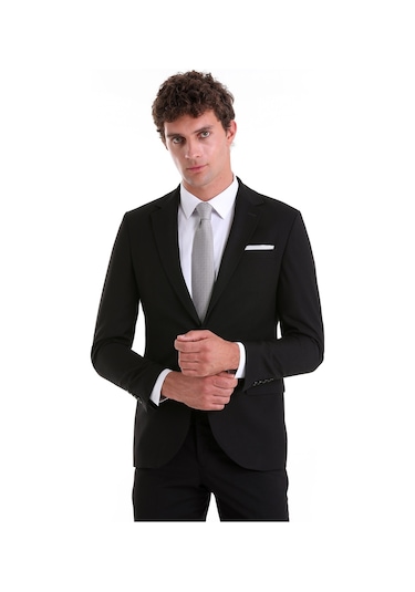 Hatemoğlu Siyah Slim Fit Mono Yaka Desenli Klasik Takım Elbise Siyah