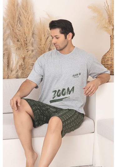 Büyük Beden Pamuklu Cepli Kısa Kollu Şortlu Erkek Pijama Takımı Gri