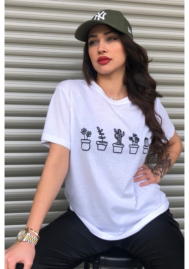 Modagen Kaktüs Baskılı Beyaz Kadın Oversize T-shirt K Beyaz