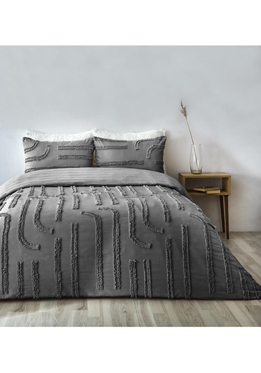 Pamuklu Sasha Kabartmalı Yatak Örtüsü Takımı Günlük Çift Kişilik Boho 3 Parça Elyaf Dolgulu Antrasit