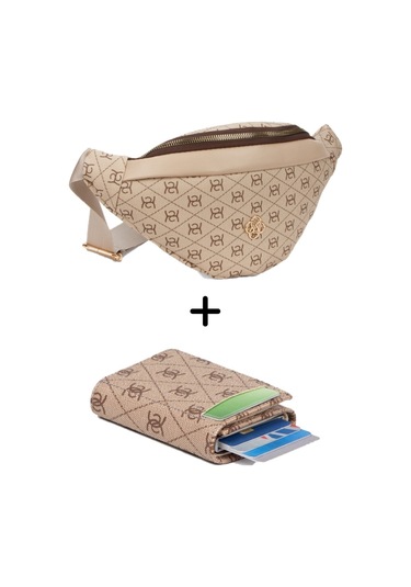 Kadın Desenli Mekanizmalı Cüzdan Ve Çapraz Omuz Askılı Bel Ve Omuz Çantası - Bej - New345 Bej - Bej