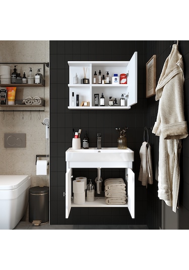 Lavabolu Mat Suntalam 60 Cm Banyo Dolabı + Aynalı Üst Dlp Beyaz Mat Beyaz