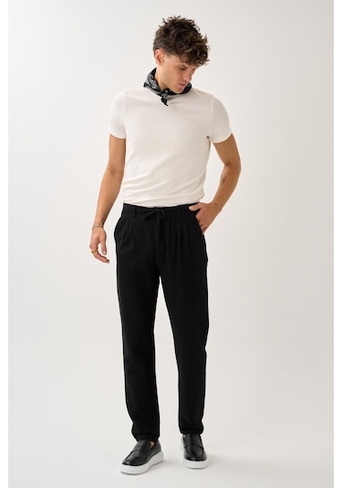Alexandergardi Regular Fit Beli Lastikli Keten Pantolon Siyah
