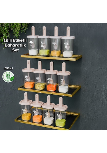 Porsima 1100 Kaydırmalı Kaşıklı Baharatlık Seti 12'li Şeffaf - Cappucino