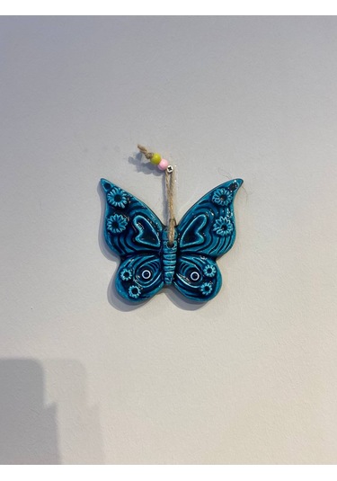 El Yapımı Nazar Boncuğu, Duvar Dekorasyon Ürünü, Seramik, El İşçiliği, Turkuaz Renkte Kelebek Desenli -