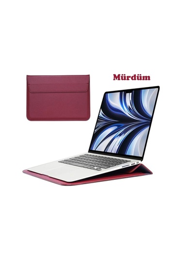 Macbook Pro 14 İnç M3 A2992 A2918 Uyumlu Deri Mıknatıslı Çanta Stantlı Şık Tasarım Mürdüm