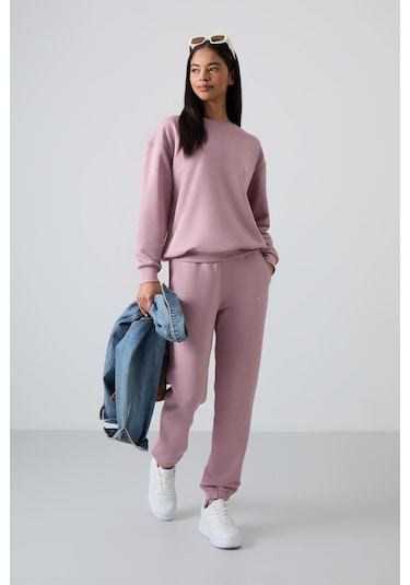 Tommy Life Gül Kurusu Basic Pamuklu O Yaka Oversize Lastik Paça Kadın Eşofman Takım - 95287 Gül Kurusu