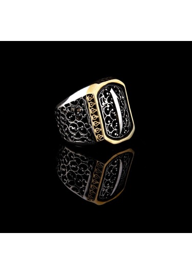 925 Ayar Gümüş Telkari Detaylı Elif İşlemeli Erkek Yüzük Çok Renkli