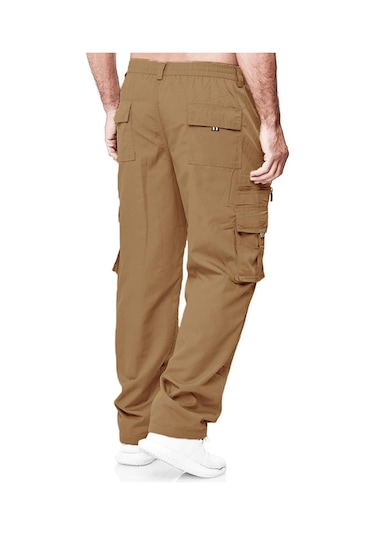 Erkek İlkbahar Ve Sonbahar Düz Paça Düz Renk Kargo Pantolon Günlük Çok Cepli Uzun Pantolon Bol Kesim Açık Hava Fitness Pantolonu Haki