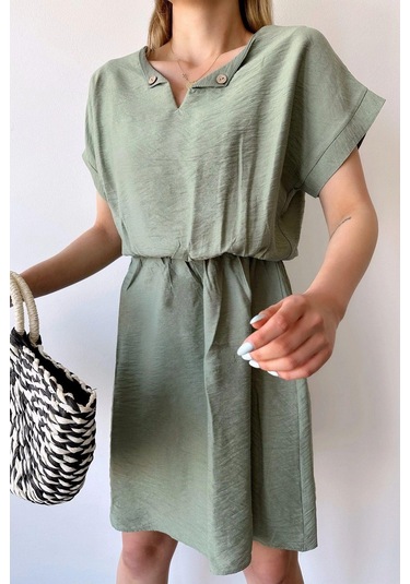 Kadın Haki Kısa Kol, Kalp Yaka, Dokulu Desen, Bele Oturan, Aerobin Lastikli Bel Midi Elbise Haki