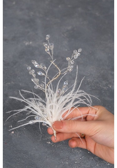 FdayAksesuar Gelinlere Özel Özly Tüylü Ve Kristalli Çift Tarafli Gelin Saç Aksesuarı FRDY31683