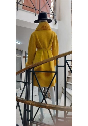 Pula Yakası Kolları Komple Kürklü Uzun Angora Kaban 110 Cm Sarı