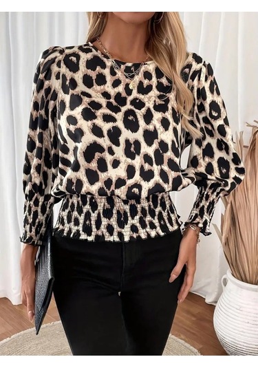 Efnaz Style Kadın Uzun Kollu Bisiklet Yaka Leopar Desenli Modal Bluz
