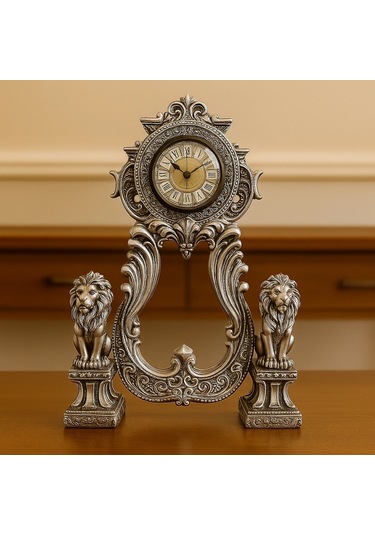 Aslan Figürlü Dekoratif Masa Saati Kraliyet Tarzı 40x28 Gümüş