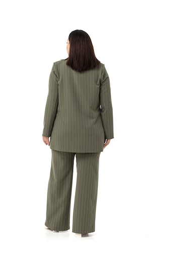 Büyük Beden Çizgili Haki Ceket Pantolon İkili Takım Haki