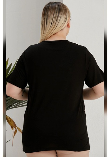 Wearon Kadın Yezra Deri Varak Taş Detaylı Penye Siyah Tişört Siyah