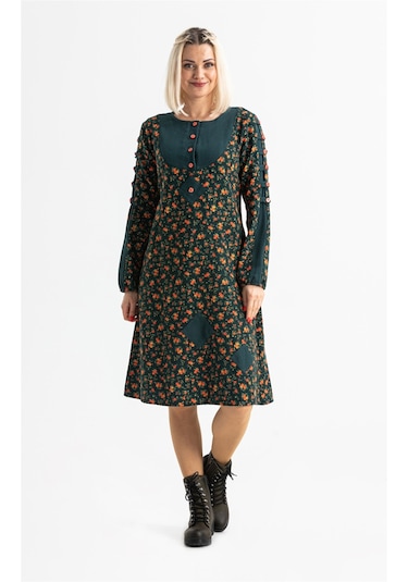 Uzun Kol Pazen Eftelya Çıtır Desen Midi Boy Elbise Petrol Ptrl