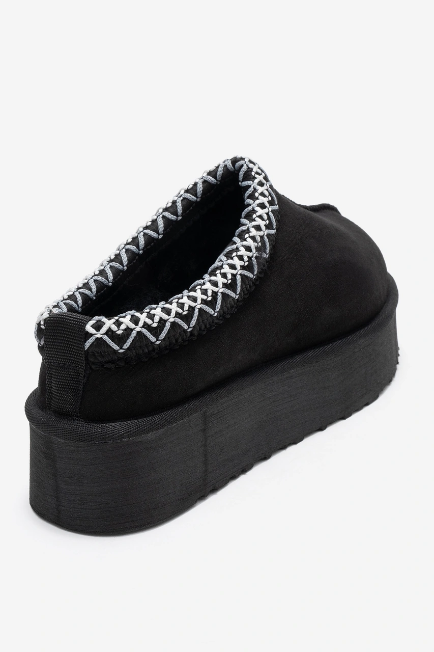 Avelıa Siyah Süet Hakiki Deri Dikişli Kadın Kalın Tabanlı Kışlık Terlik Siyah