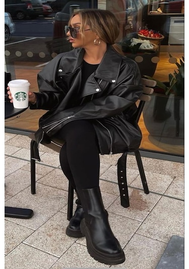 Prifaldi Yeni Sezon Oversize Uzun Kadın Siyah Deri Ceket Siyah