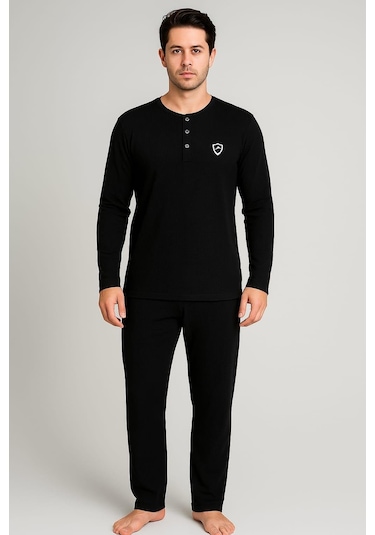 Erkek 65109 Uzun Kol % 100 Pamuk Pijama Takımı Siyah Siyah