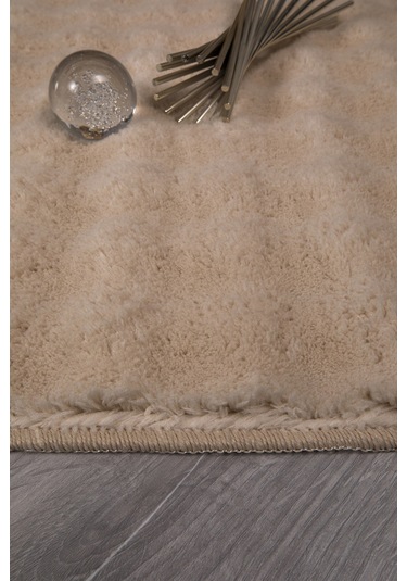 Bubble Yuvarlak Açık Bej Uzun Tüylü Yumuşak Peluş Kaymaz Yıkanabilir Salon Oturma Odası Balkon Halı