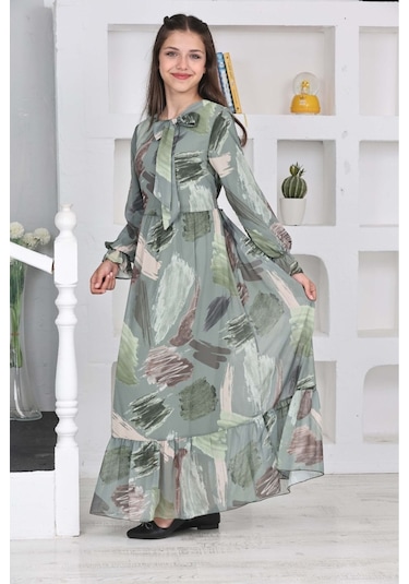 Genç Kız Pamuk Astarlı Şifon Kumaş Uzun Tam Boy Tesettür Elbise Yeşil