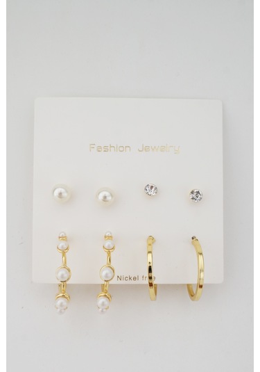 Kadın Kararmaz Inci Detaylı 8'Li Set Küpe Altın-M N11.733 Altın