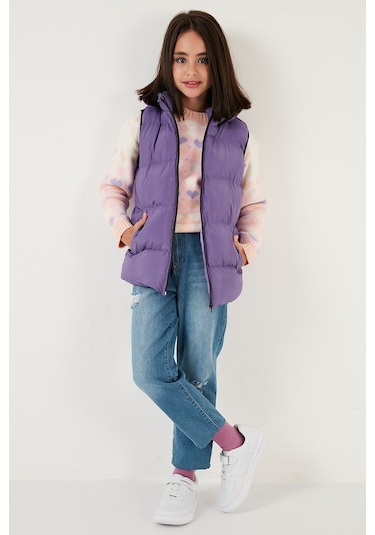 Lela Fermuarlı Kapüşonlu Cepli Şişme Unisex Çocuk Yelek 5761983 Lila