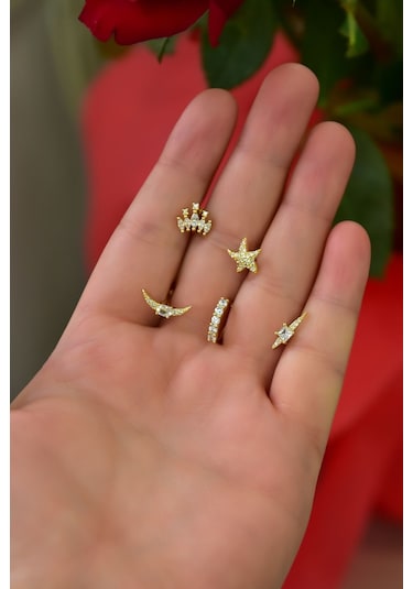 Çelik Sarı 5'li Kombinli Tragus Küpe Model18 Sarı