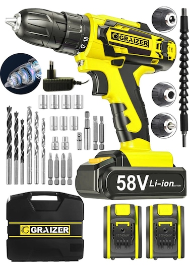 Graizer V-Tec 58 V 5 Ah Çelik Motor - Şanzuman Darbeli Çift Akülü Vidalama Matkap