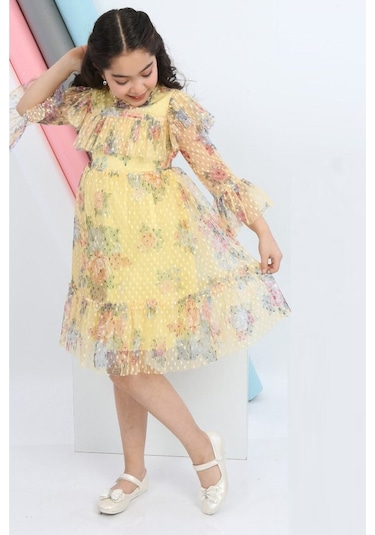 Kız Çocuk Tütülü Elbise Tül Kumaş Astarlı Bel Lastikli Rahat Zarif Elbise Kostüm Sarı