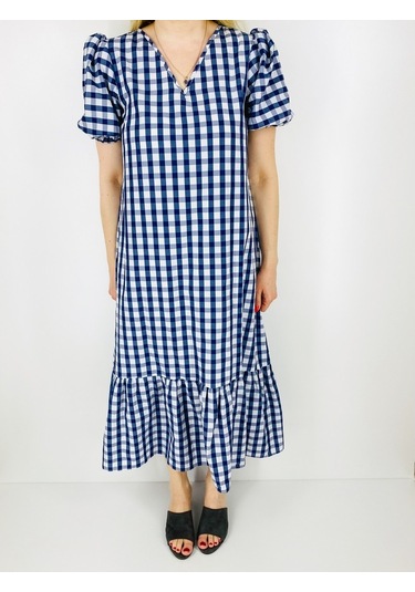 Ekose Desen Volanlı Elbise Mavi