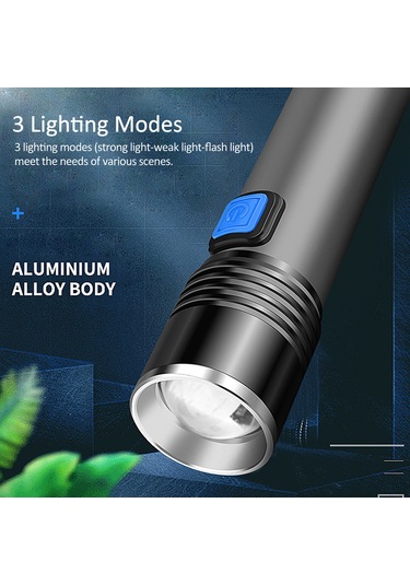 Maiyame Alüminyum Led El Feneri, 3 Işık Modu Güçlü/yumuşak/parlama , Zoom Özelliği, 1800mah Usb Şarjlı, T6 Ampul, Siyah-gri Çok Renkli